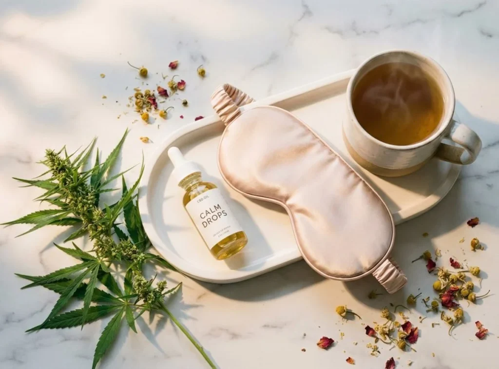 CBD oil bottle and sleep mask on marble tray