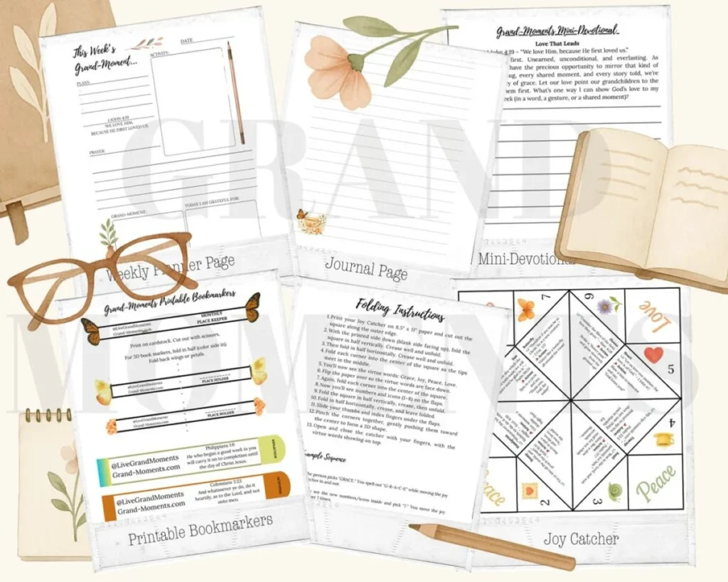 Grand-Moments printable journal pages spread with glasses and pencil