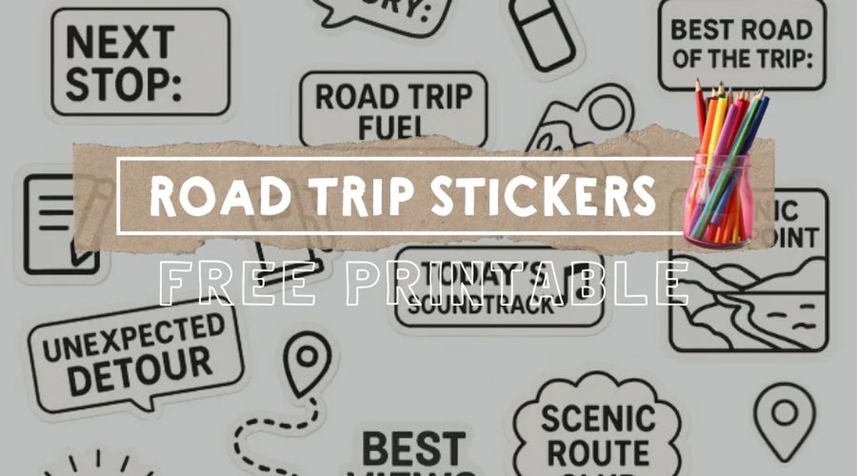 Printable road trip sticker pack spread on a table