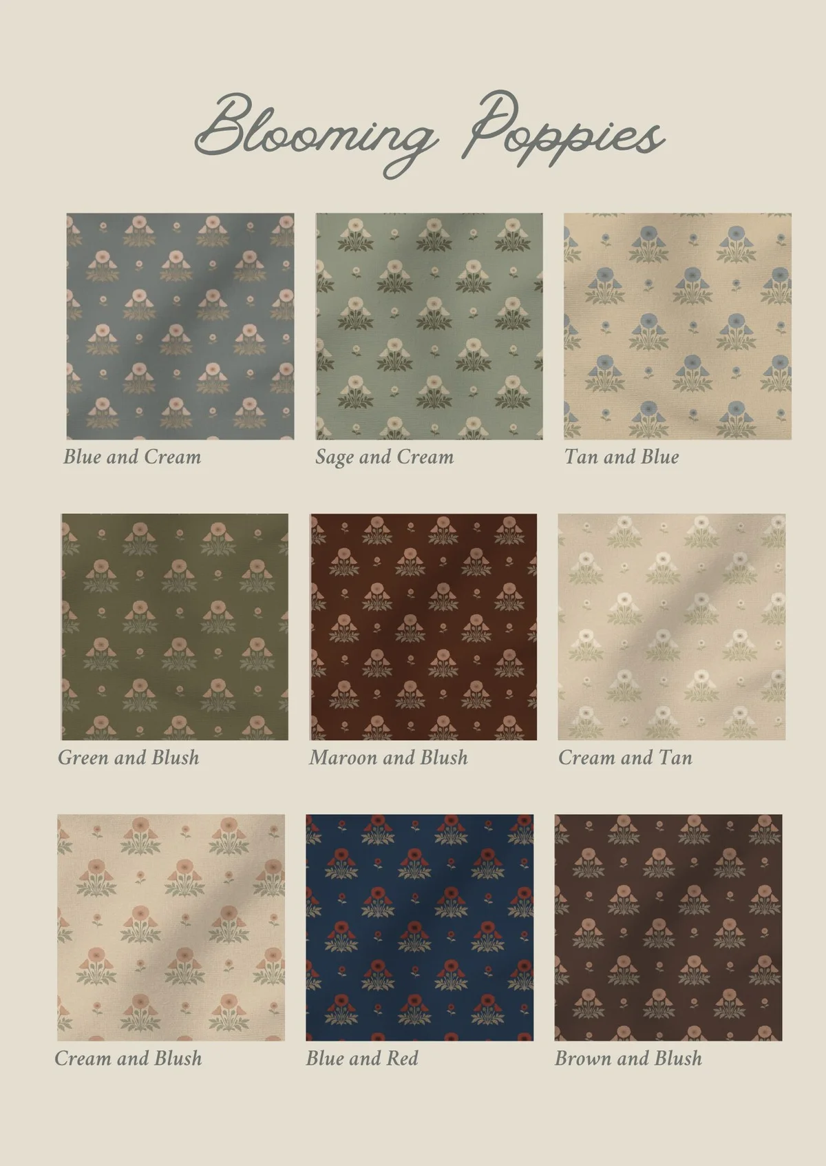 Blooming Poppies fabric pattern in muted earth tones