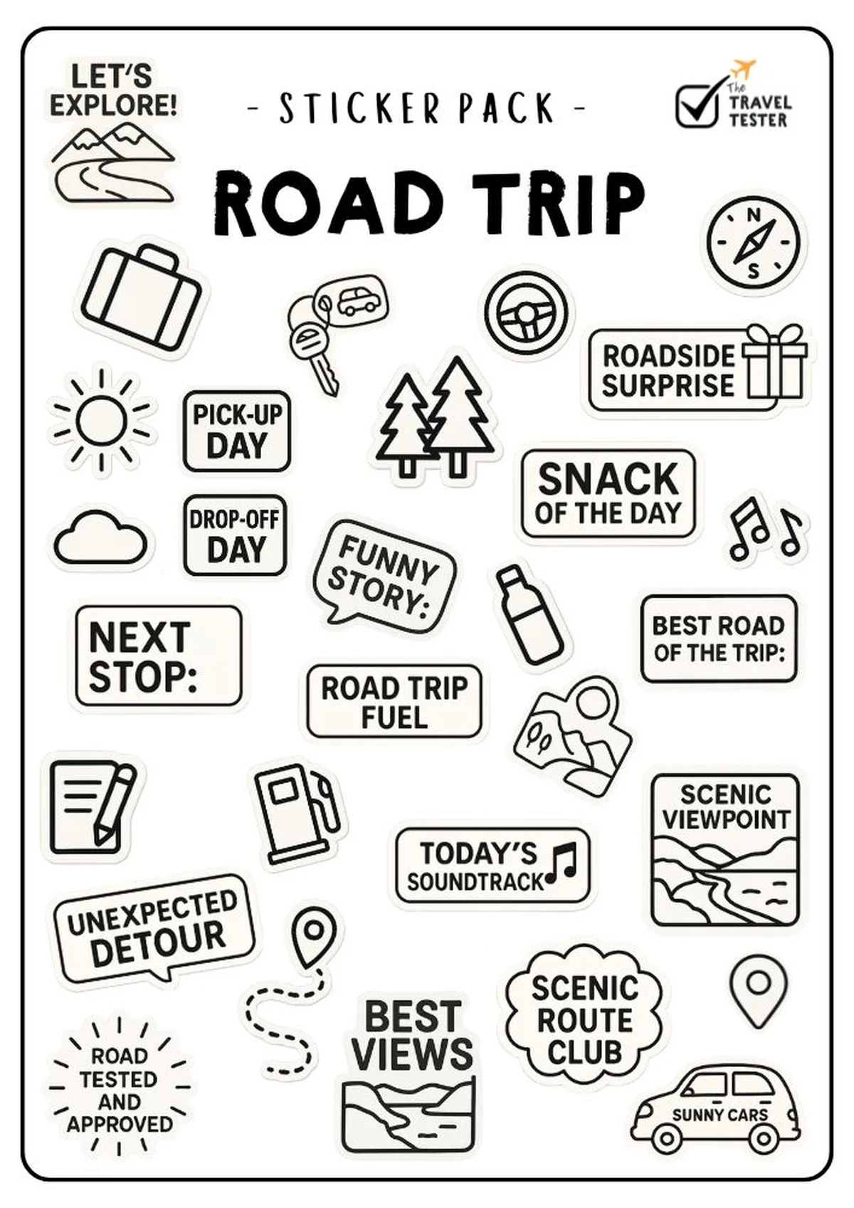 Road trip themed stickers with icons and travel prompts