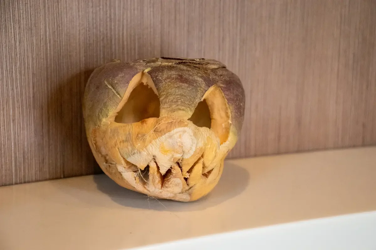 small carved turnip-like gourd jack-o-lantern against a wooden wall