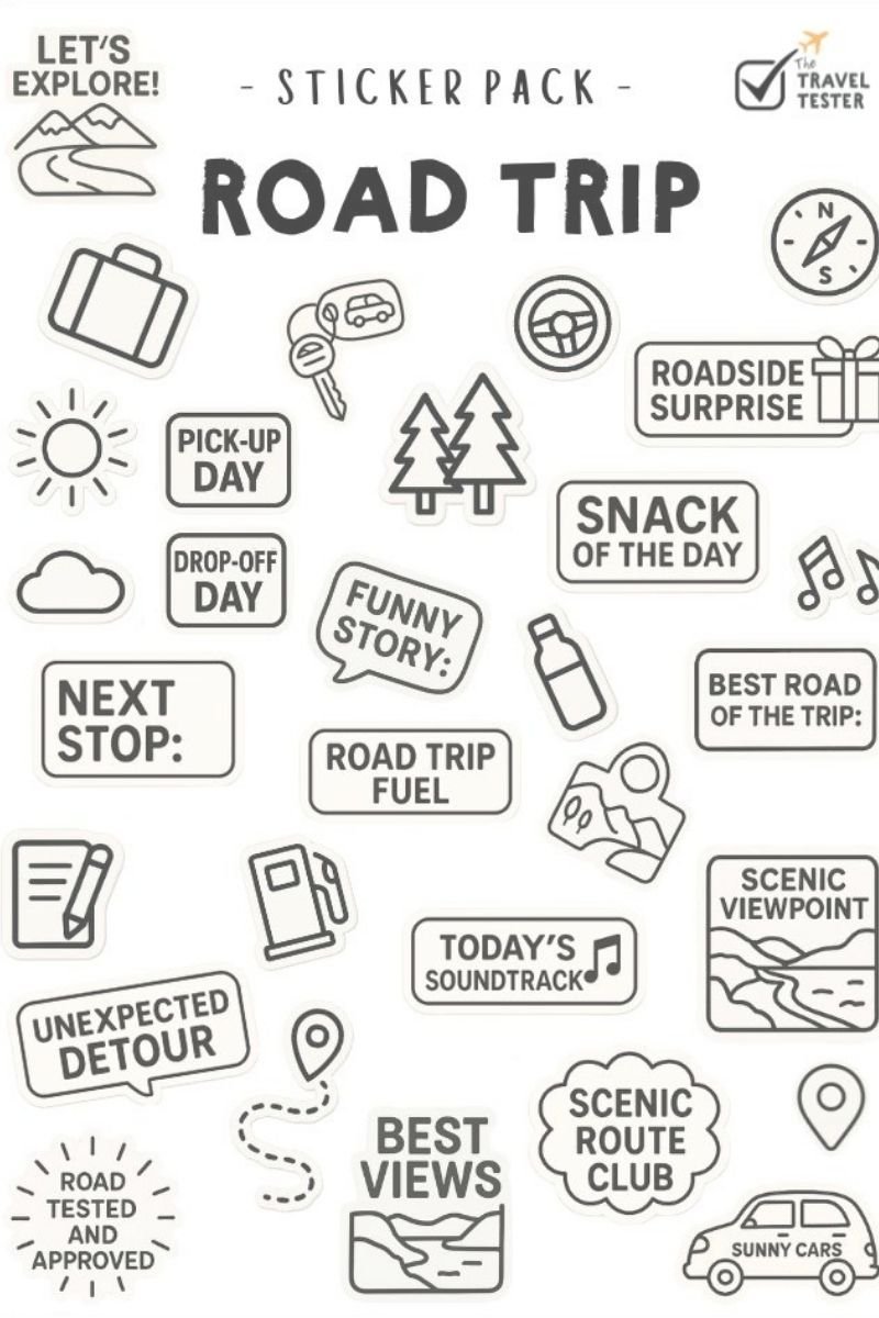 Colourful travel journaling supplies arranged flat lay
