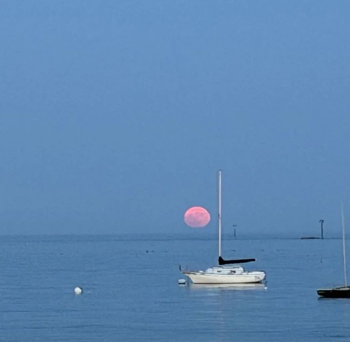 Bright full moon rising higher in dark sky