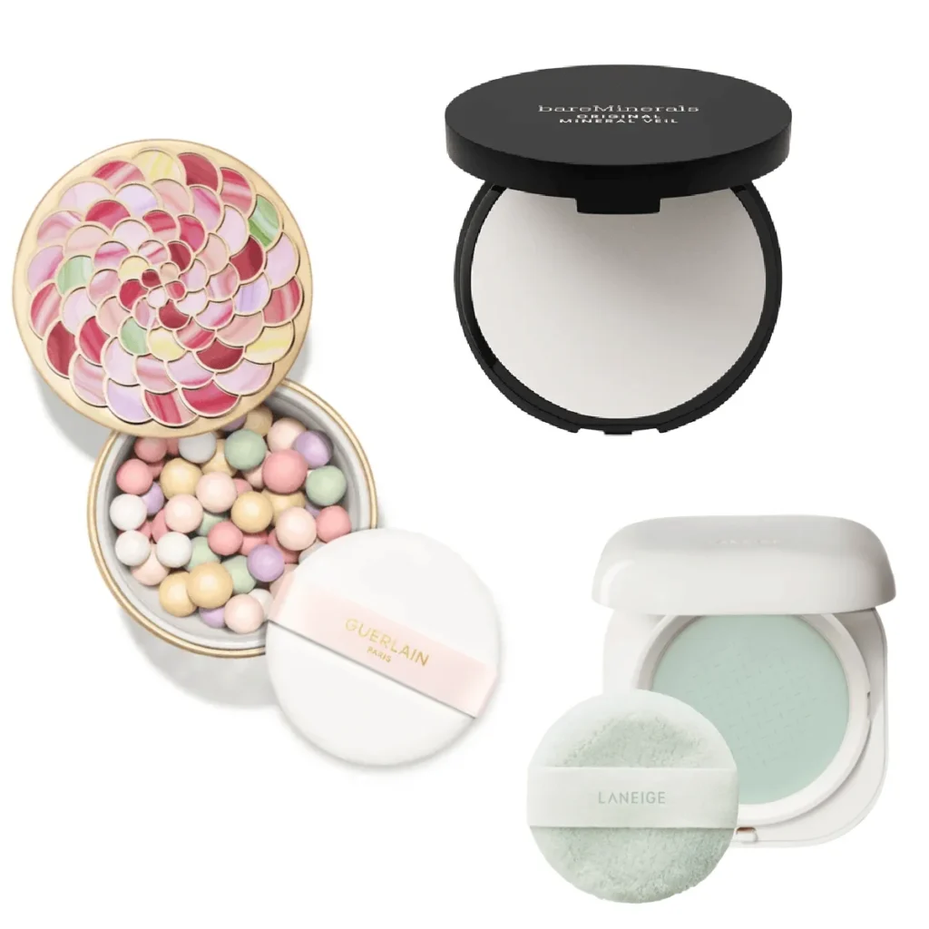 Three open setting powder compacts on a white background
