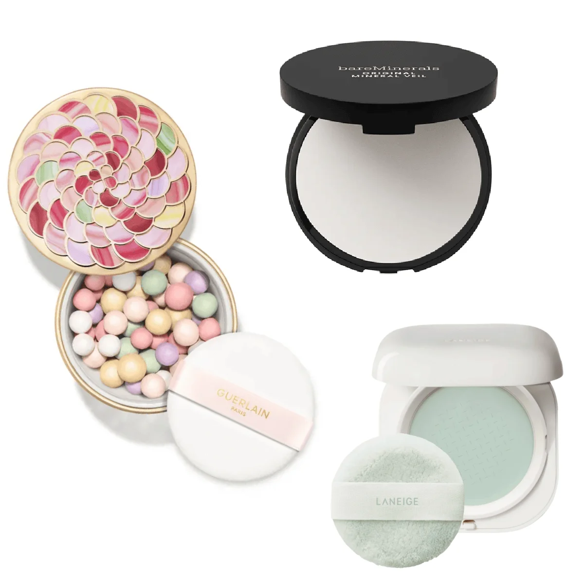 Three open setting powder compacts on a white background