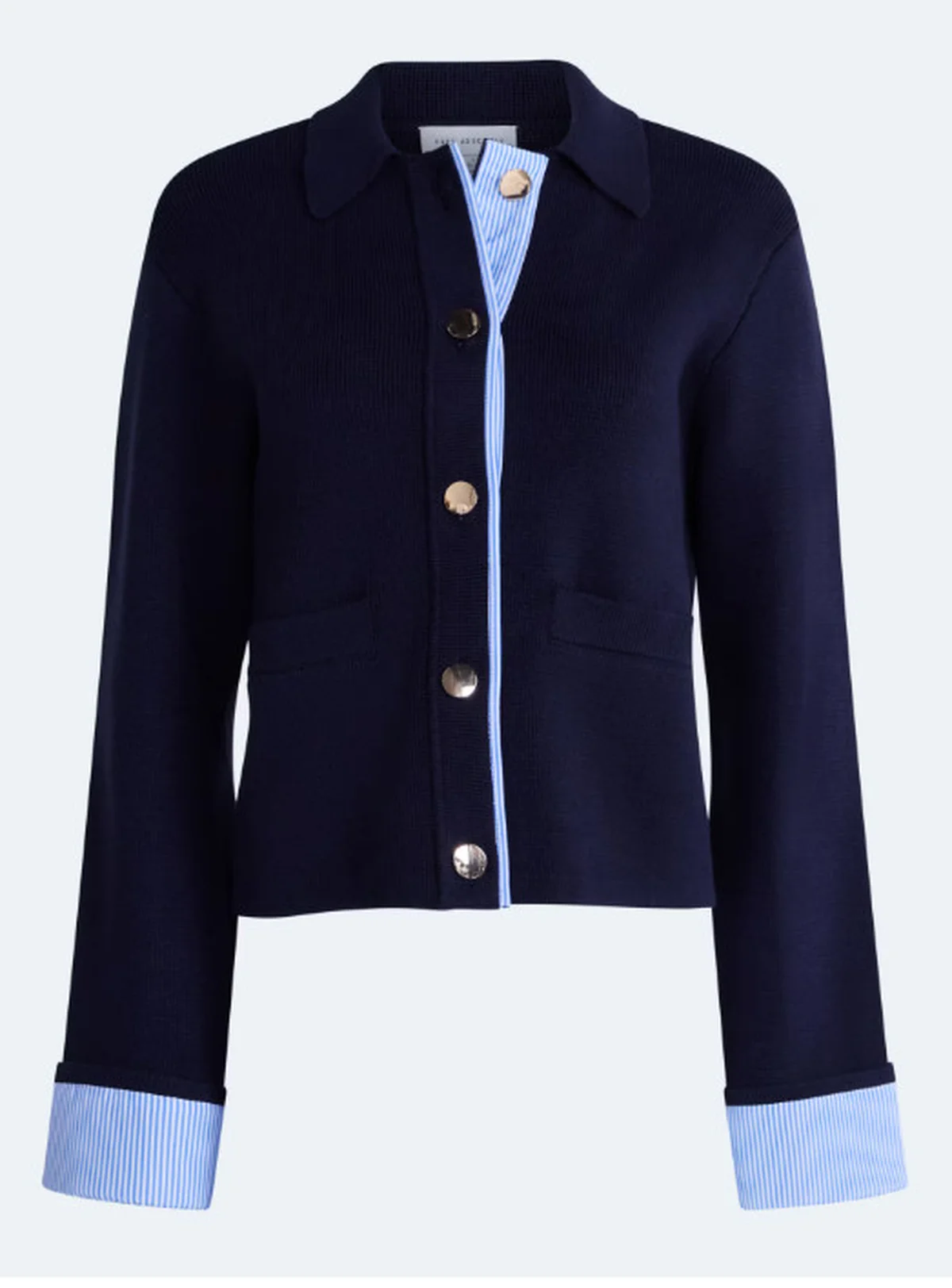 Navy blue structured cardigan with striped trim cuffs and collar