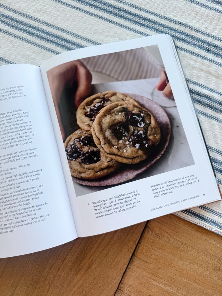 Open cookbook showing a recipe for chocolate chip cookies