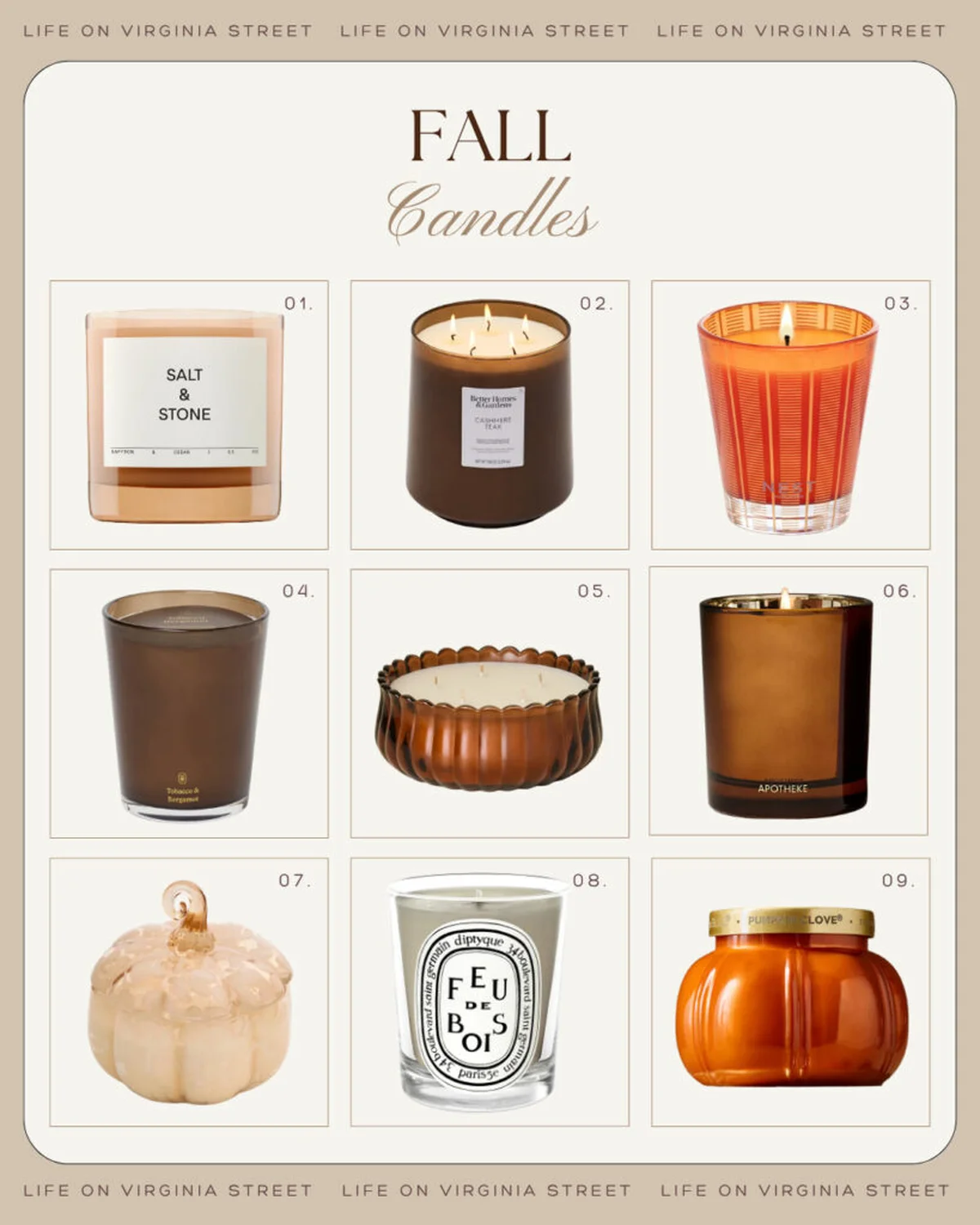 Grid of nine fall-themed scented candles in glass containers