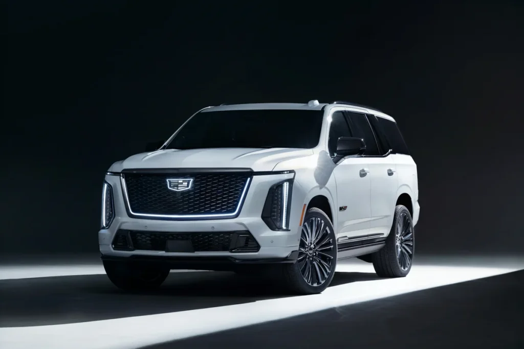 White Cadillac Escalade-V in a dark studio with illuminated grille