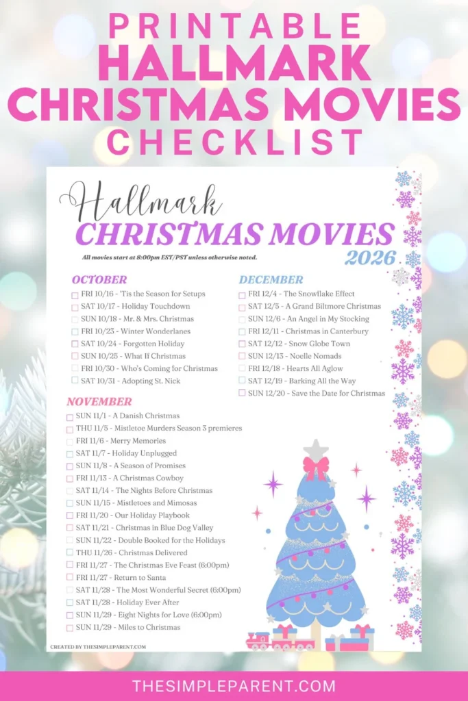 Printable Hallmark Christmas movie schedule checklist for 2026 with dates and titles